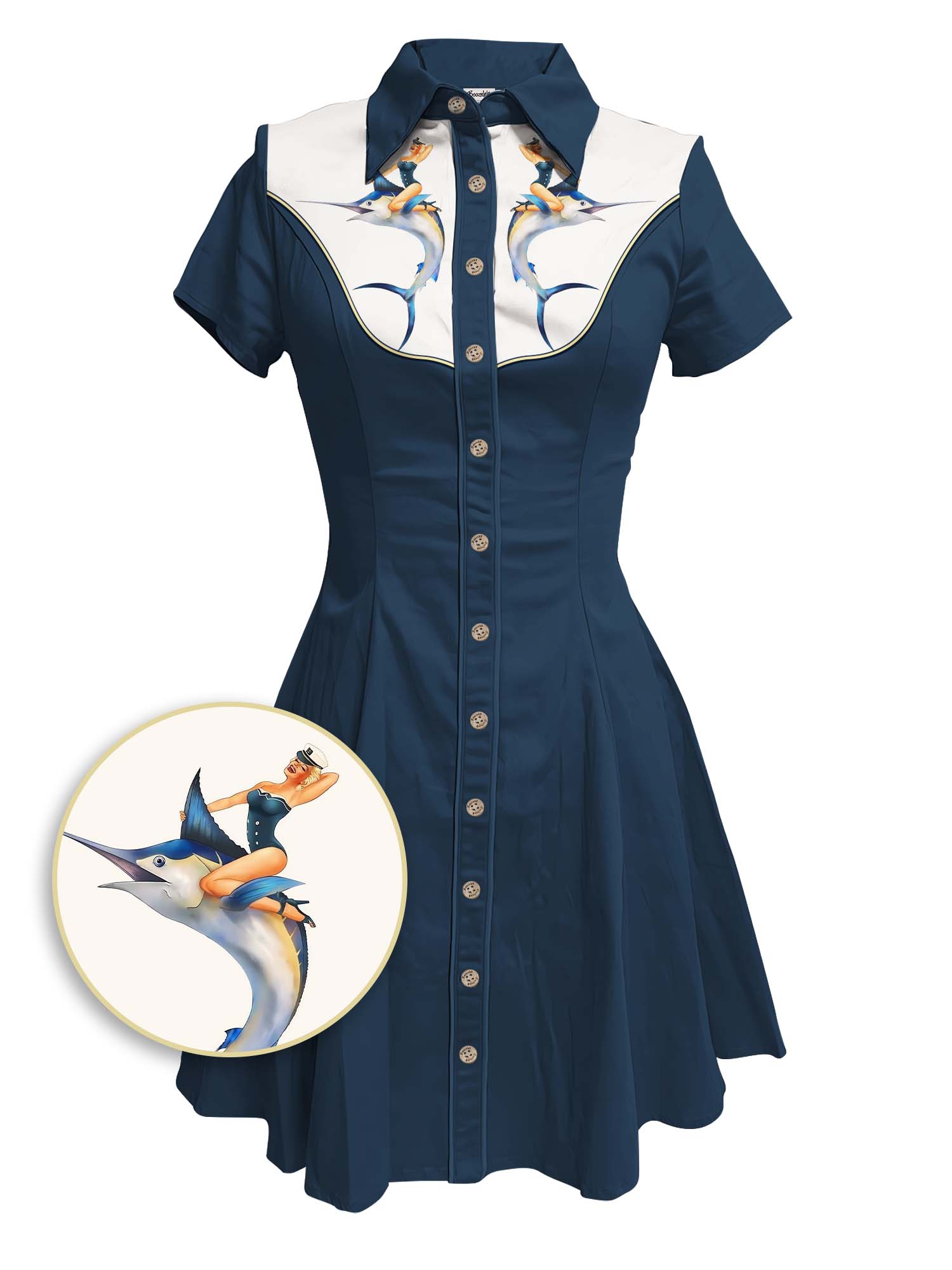 Vintage Girl On A Swordfish - 100% Cotton Dress