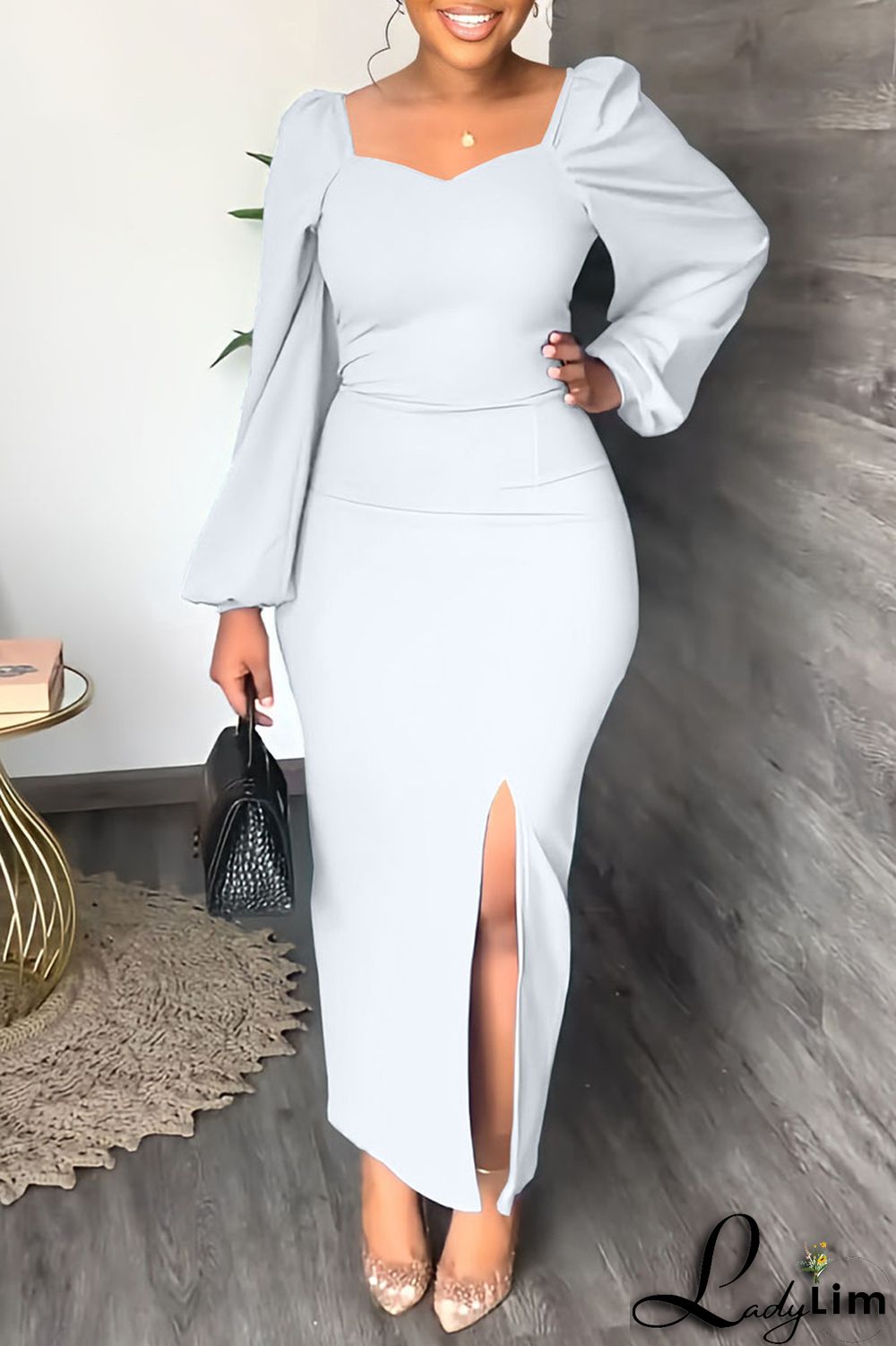 Yellow Fashion Casual Solid Slit Square Collar Long Sleeve Dresses