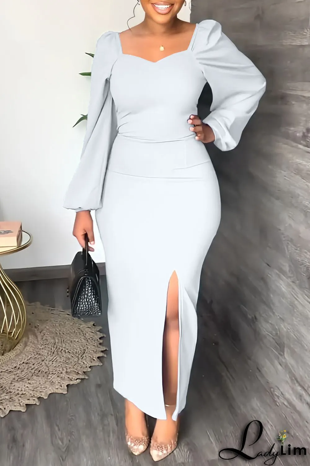 Yellow Fashion Casual Solid Slit Square Collar Long Sleeve Dresses