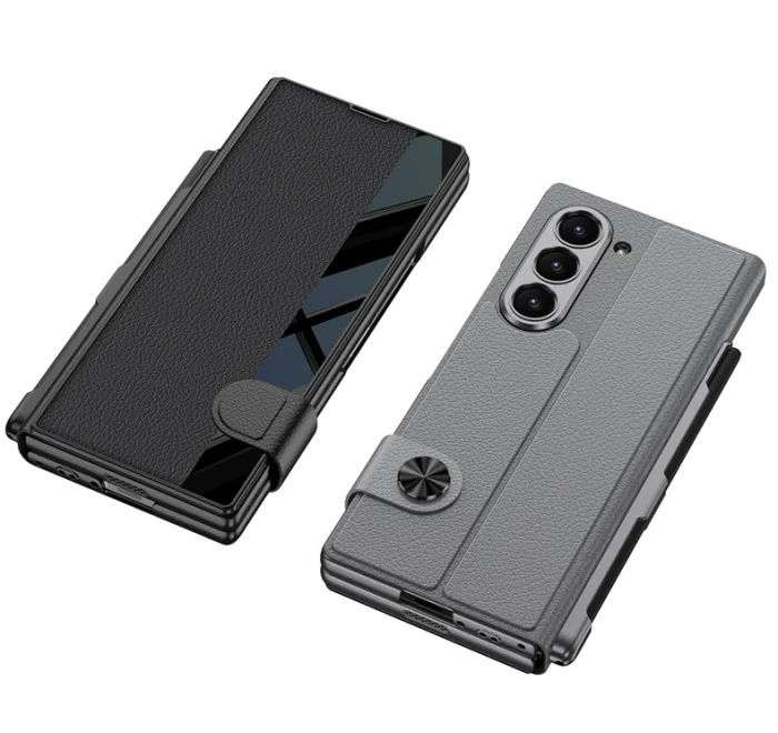 Samsung Z fold6 mobile phone case plain leather bracket folding screen anti-fall flip cover leather case shell film integrated pen slot