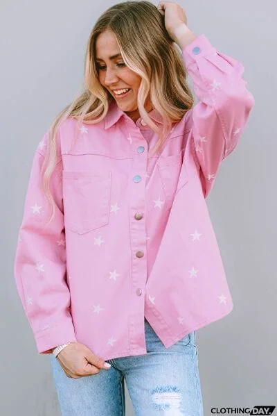 Star Pattern Button Up Slit Denim Jacket