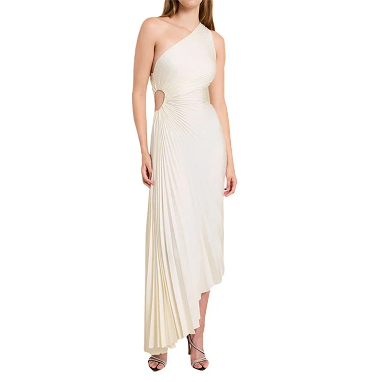 Brownm Brownm Women's New Fashion Pure Color Casual Temperament Shoulder Collar Folded Empty Dress Dress Dress