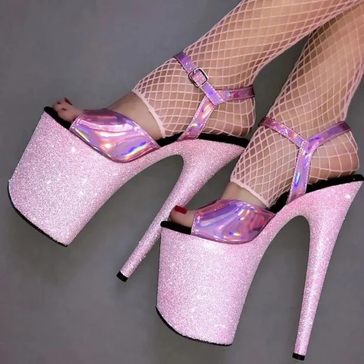 Peep Toe Stiletto Heels Mirror Leather Sandal Platform Glitter Shoes |FSJ Shoes