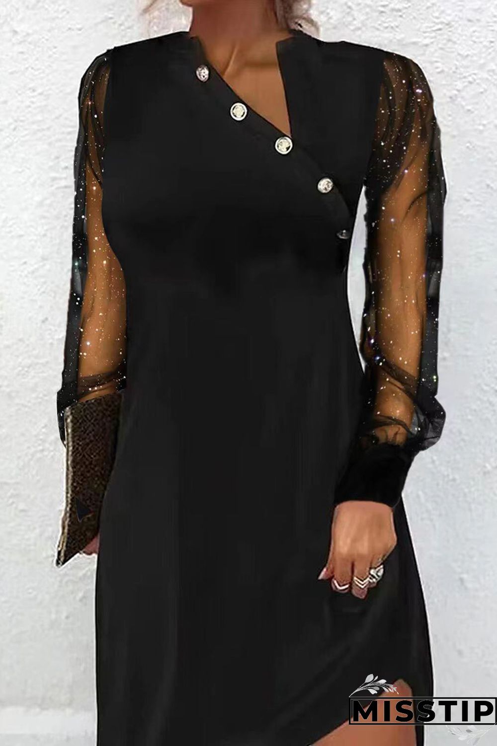 Black Elegant Print Patchwork Buttons Mesh V Neck Princess Dresses