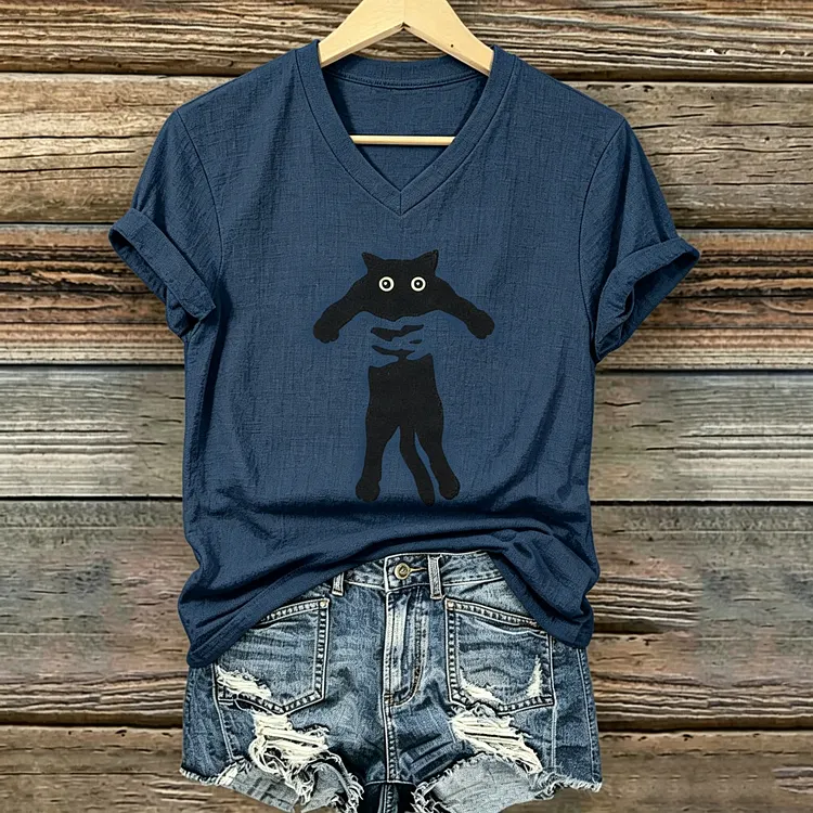 Women's Fun And Cute Cat Print V-neck T-shirt