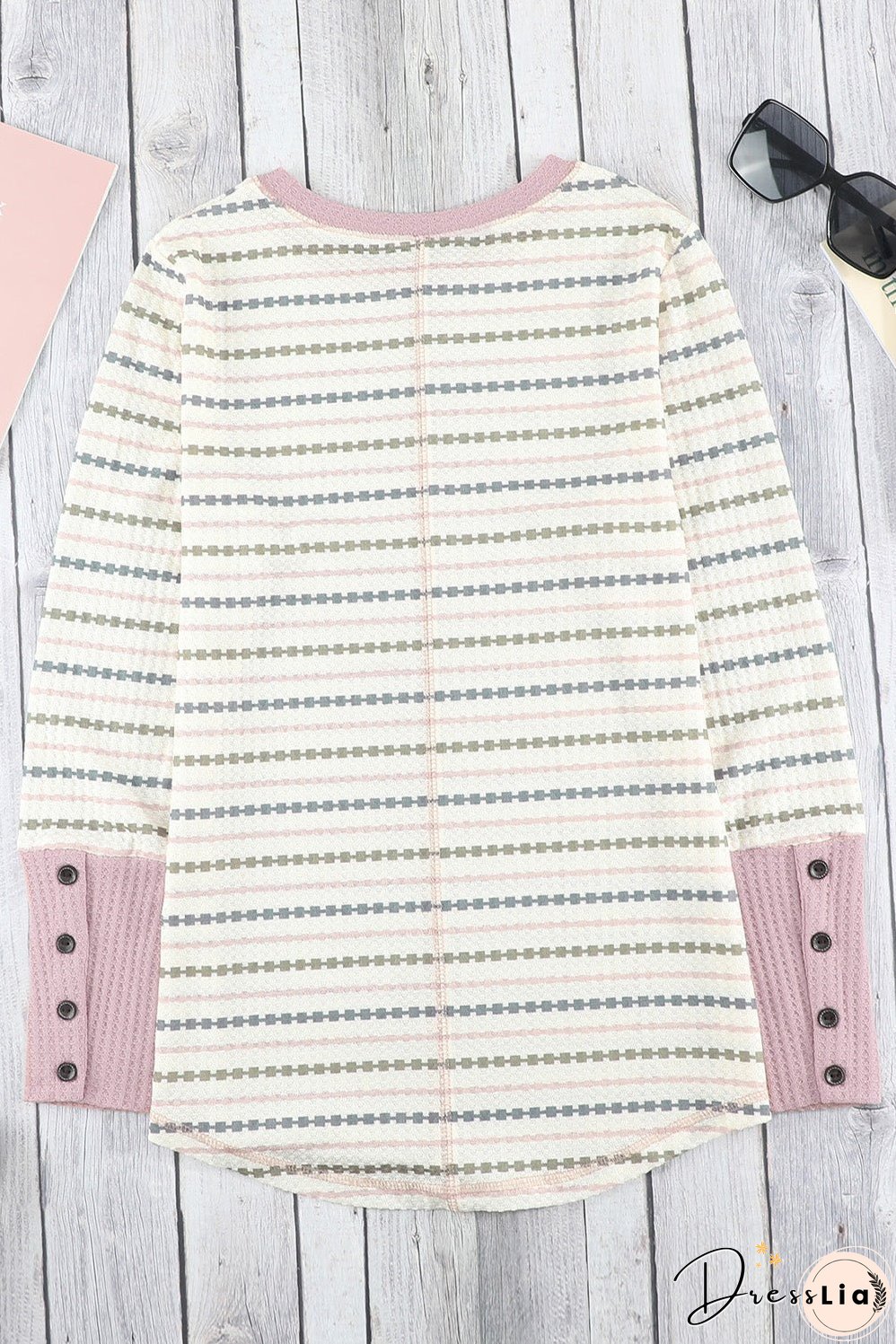 Printed Waffle-Knit Buttoned Cuff Top