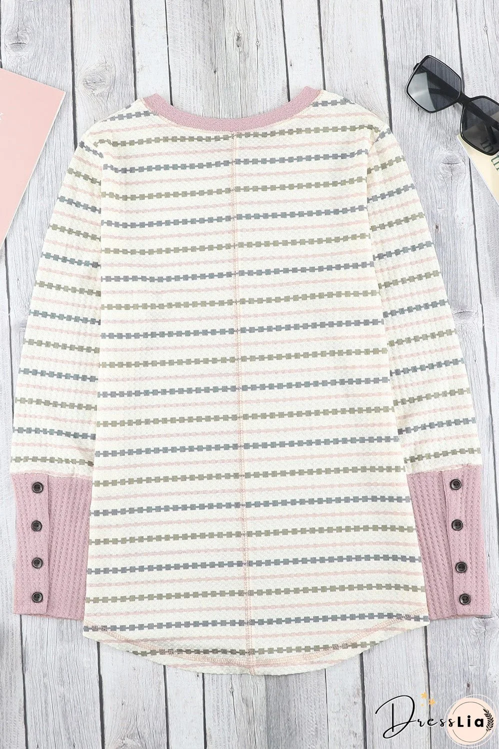 Printed Waffle-Knit Buttoned Cuff Top