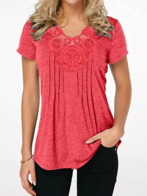 Women Short Sleeve U-neck Lace Top