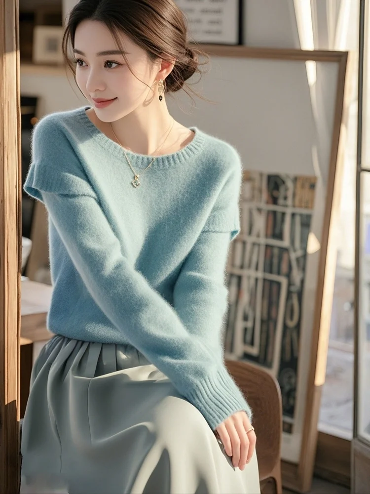 Athvotar Athvotar Hair Blue Soft-Masted Sweater Mid-Autumn 2025 Autumn/Winter New Design Sense Of Ntong T-Shirt Woman