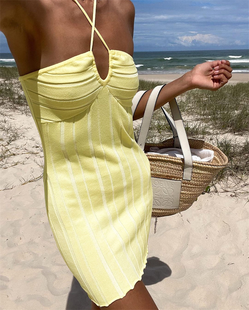 Ootddress Strapless Knit Mini Dresses Women Off-Shoulder Stripe Knitting Bodycon Dress Summer Beach Party Halter Club Streetwear