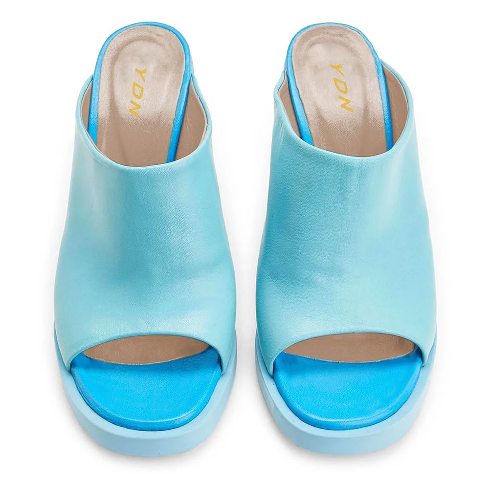 Sky Blue Open Toe Slip-On Chunky Heel Slide Shoes for Women