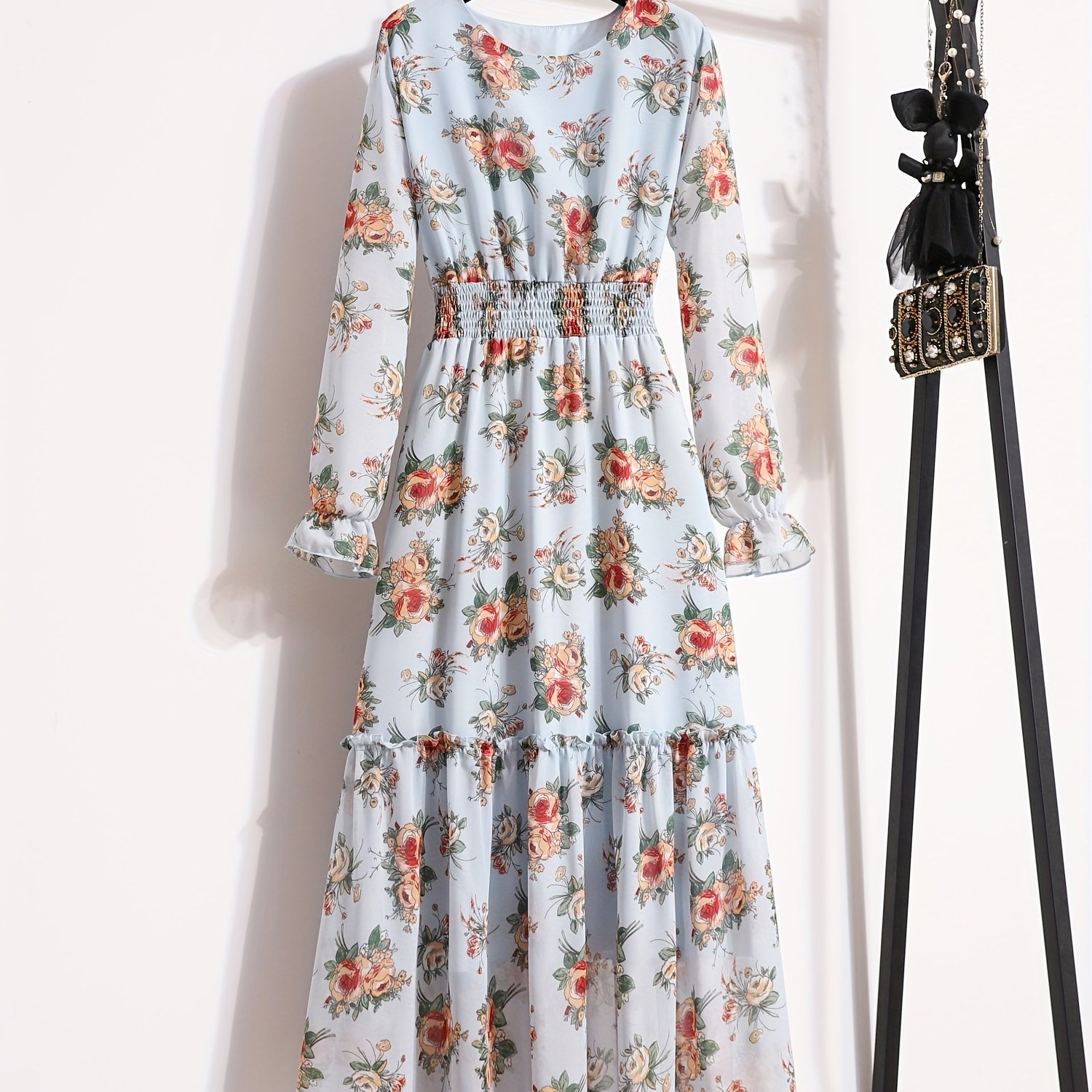 Floral Print Crew Neck Dress, Elegant Long Sleeve Shirred Waist Dress, Women's Clothing