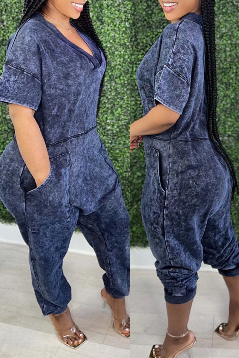 Casual Street Print Split Joint Pocket V Neck Harlan Jumpsuits