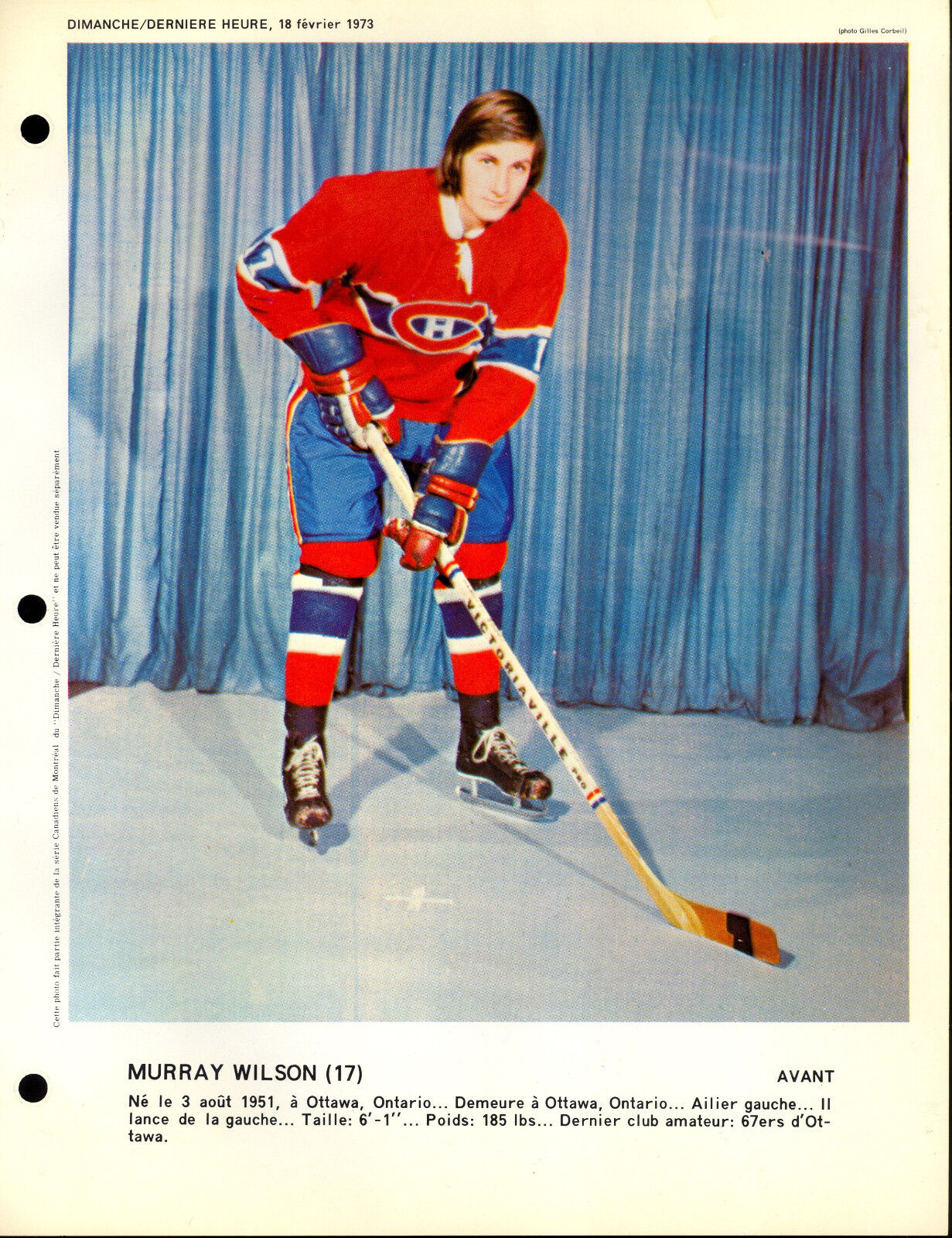 1973 MURRAY WILSON RC year MONTREAL CANADIENS DIMANCHE DERNIERE 8X11 Photo Poster painting