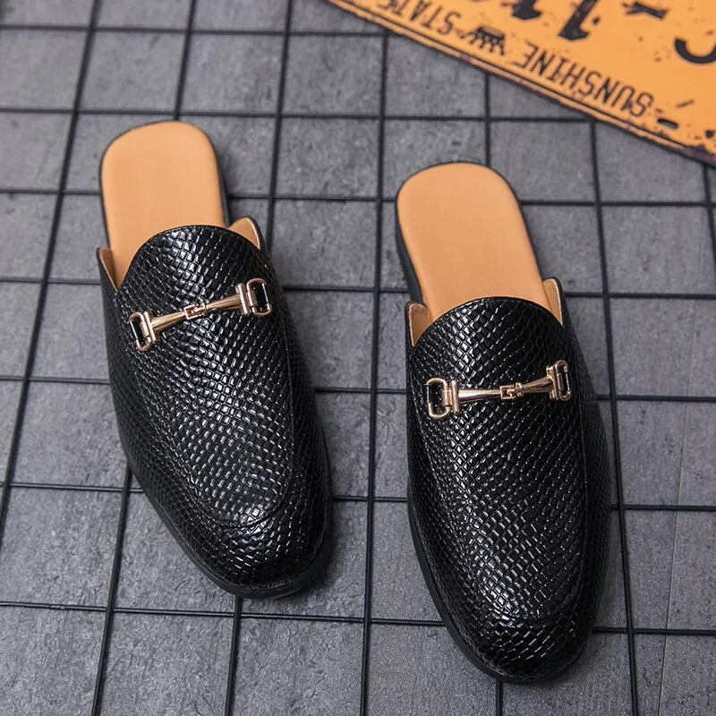 Half Shoes for Men Leather Mules Casual Shoes Men Fashion 2022 Men Slipper Mules Backless Loafers Retro Flat Heel Party Slippers