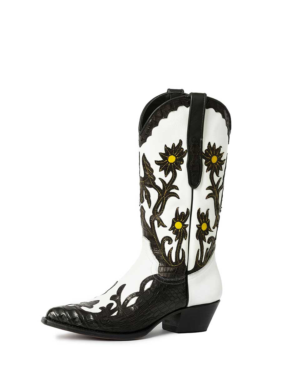 Black Vegan Leather Pointed Toe Floral Inlay Mid Calf Cowgirl Boots With Chunky Heels