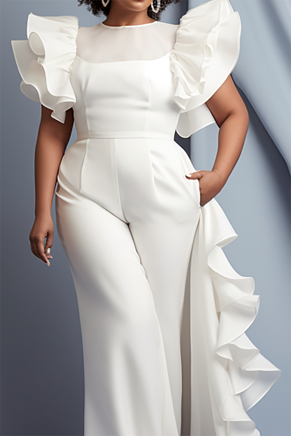 Design Plus Size Semi Formal Elegant White Round Neck Petal Sleeve Ruffle Pocket Organza Jumpsuits [Pre-Order]