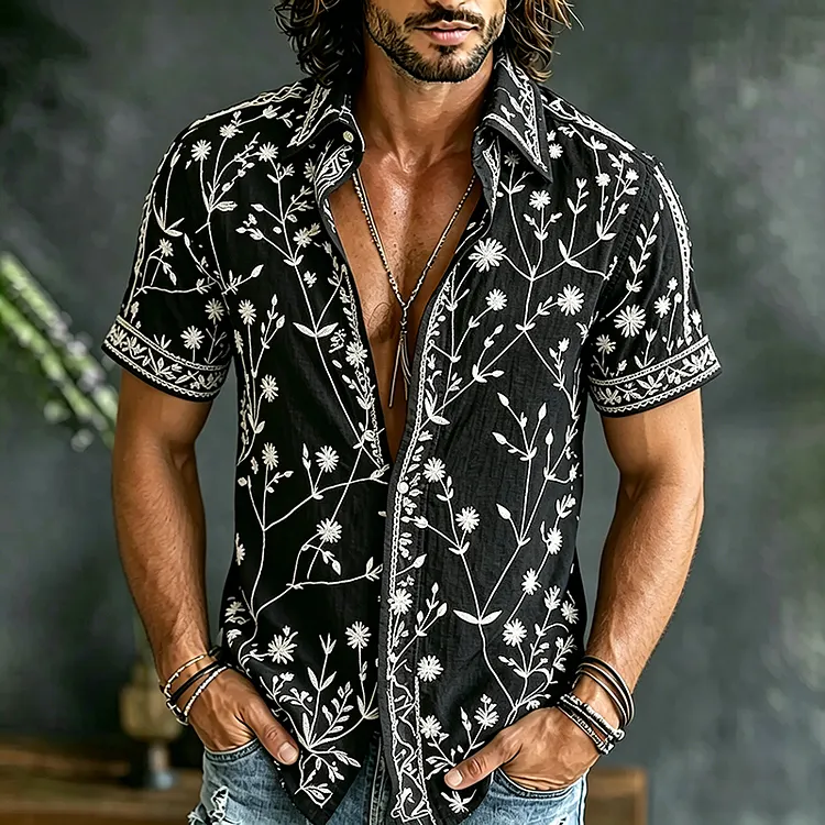 Men's Vintage Floral Art Print Flowy Linen Blend Shirt