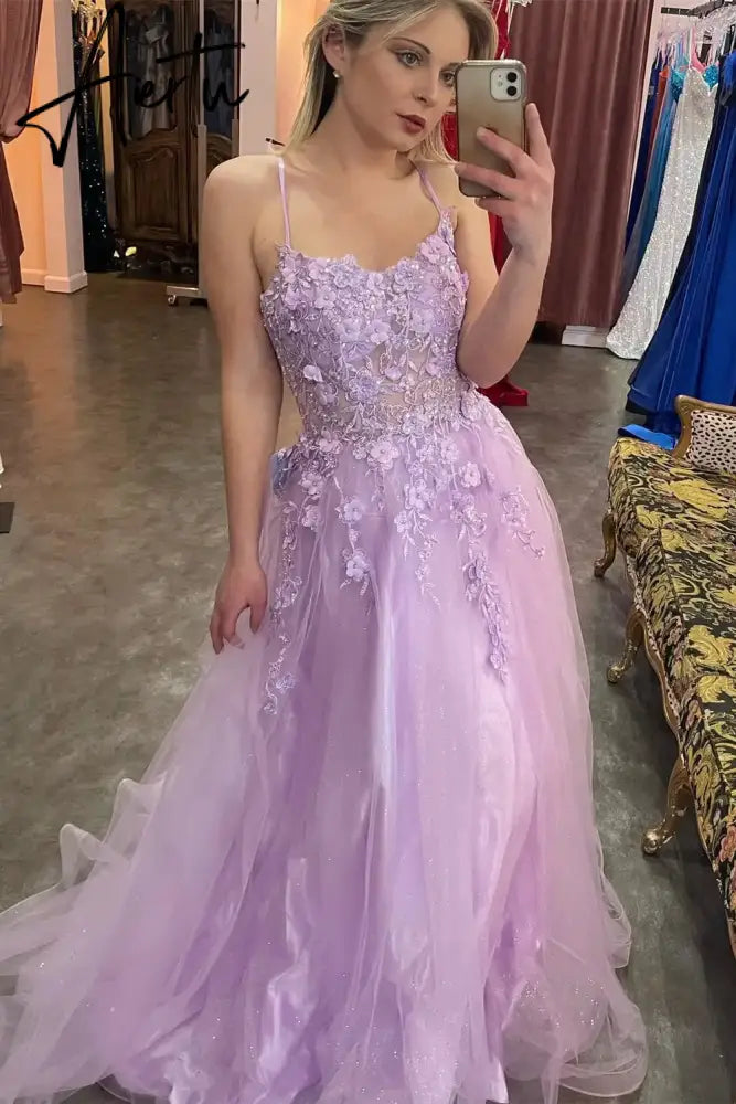Aiertu   Prom Dresses Sparkly Bling Lace Applique Floral Illusion Formal Party Evening Gowns Graduation Dresses Custom made Aiertu
