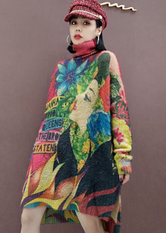 Classy low high design Turtle Neck beauty Print Knit Dress