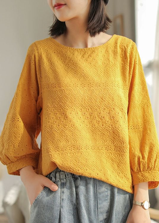 DIY Yellow fashion Hollow Out Embroideried Fall Long sleeve Tops CK1325- Fabulory