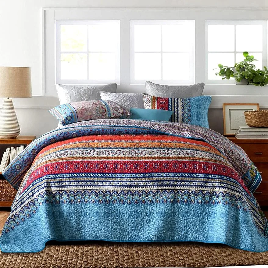 Qucover Bohemian Queen Quilt, 3 Piece Soft Microfiber Ethnic Style Boho Red, Orange and Blue Quilted Throw Bedspreads, Reversible Multicolored Boho Quilts, 86” x 94”