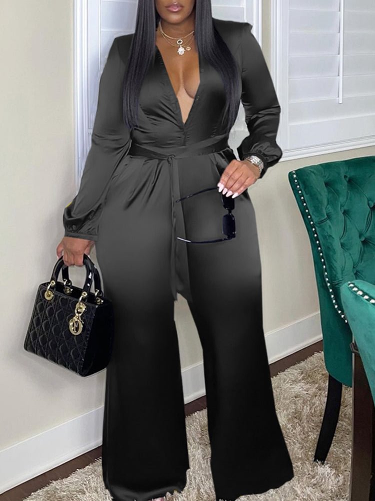 Solid color V-neck long-sleeved women's jumpsuit SKUI62392 QueenFunky
