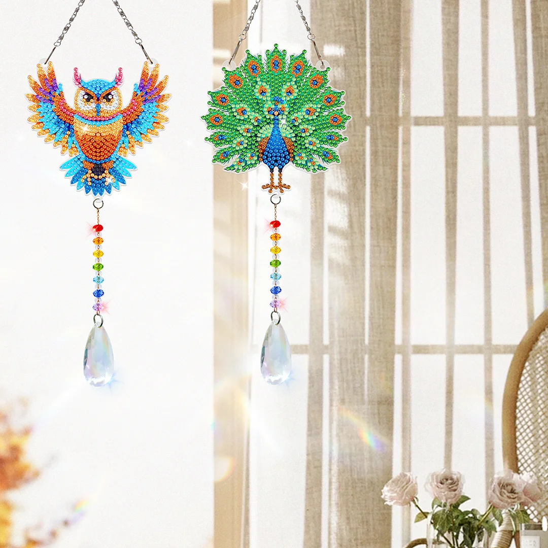 2Pcs Owl Peacock DIY Double-Sided Diamond Painting Hanging Kits Diamond Painting Suncatcher Craft Kit for Home Garden Wall Decor Gift