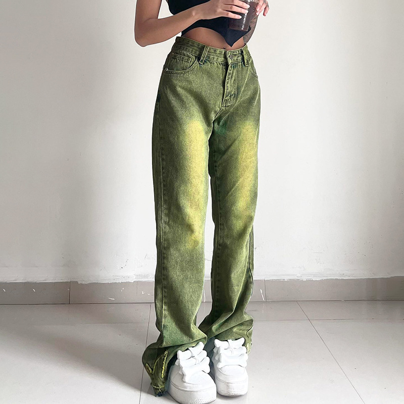 GREEN EMBROIDERED RAW EDGE WASHED JEANS