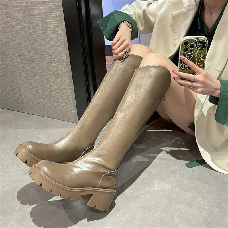 Qengg boots women's 2022new autumn and winter boots round toe small fragrance thick heels thin women's boots but knee boots women