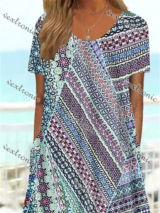 Women Short Sleeve Scoop Neck Floral Printed Stitching Maxi Dress