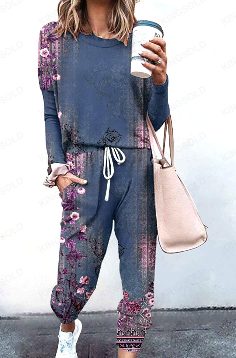 Roigam Spring Autumn New Print Pant Sets Women Fashion Casual Long Sleeve T Shirt Drawstring Trousers Two Piece Set Female Streetwear