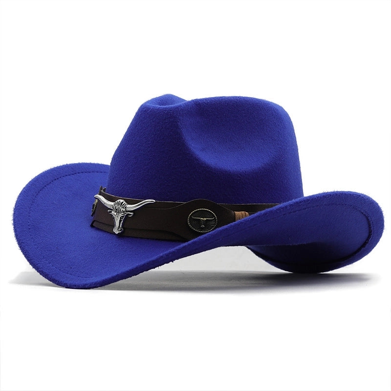 Simple Brim Hat Woolen Jazz Hat British Style Top Hat Cow Head Belt Solid Color Western Cowboy Hat