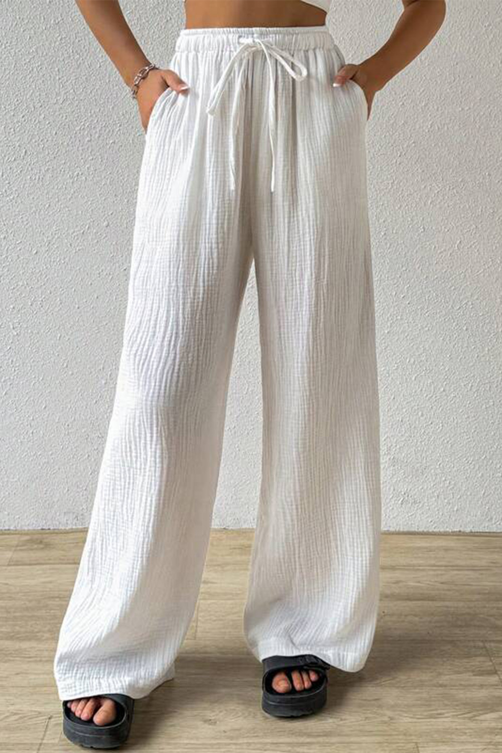 Plus Size Casual Mint Green Drawstring Pocket Straight Leg Pants 2024 - Flycurvy 