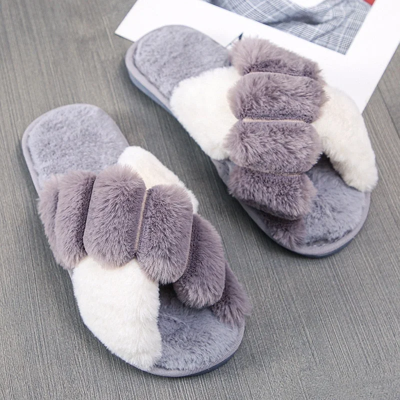 Winter Women Slippers Faux Fur Warm Shoes Women Slip on Flats Female Floor Slides home furry slippers Indoor House Flip Flops