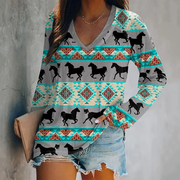Comstylish Western Geometric Print V-Neck Long Sleeved T-Shirt