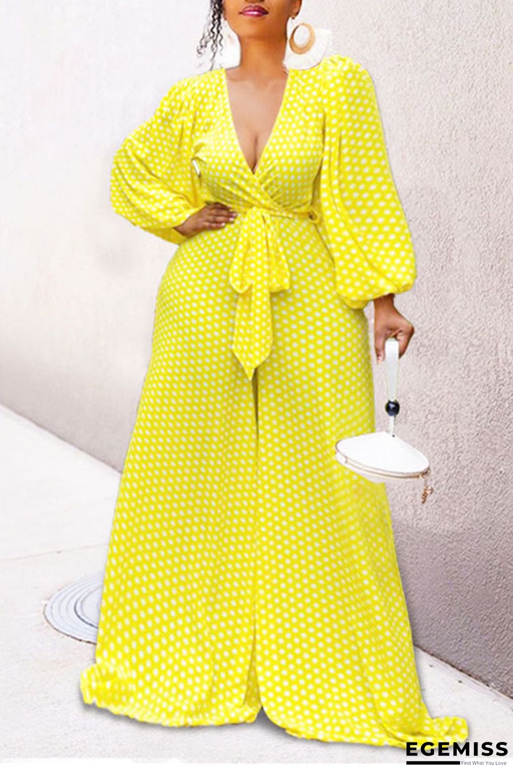 Yellow Casual Print Polka Dot Bandage Patchwork V Neck Loose Jumpsuits | EGEMISS