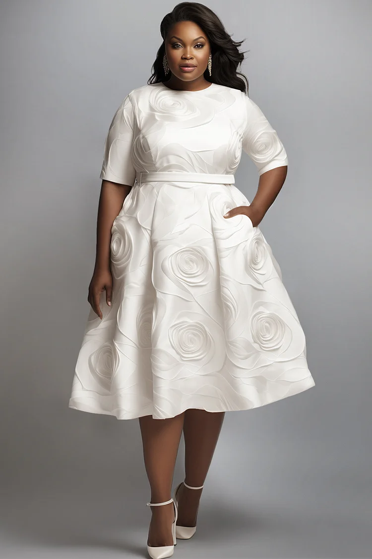 Xpluswear Design Plus Size Wedding Guest White Round Neck Short Sleeve Pocket Midi Dresses [Pre-Order] 2024 - Xpluswear
