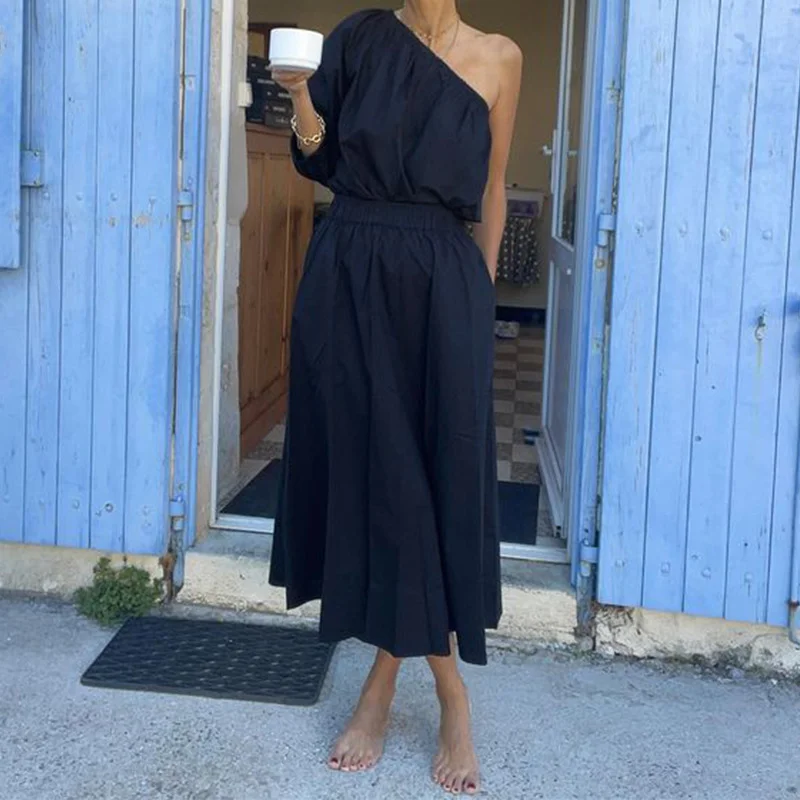 Woherb Woherb 2024 Summer New Women's Fashion Inclined Shoulder Jacket Long Skirt Suit Two Sets-Outfit Ideas