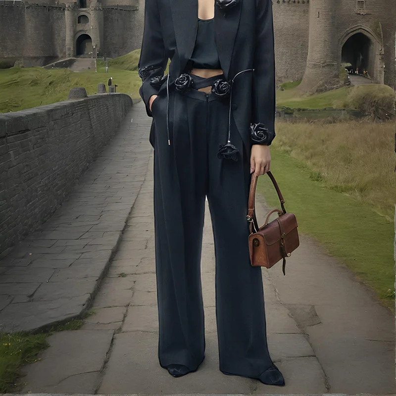 Toloer Toloer Casual Straight Pants 2024 Summer New Three-Dimensional Flower Lace Design Sense High Waist Pleated Suit Pants-Outfit Ideas