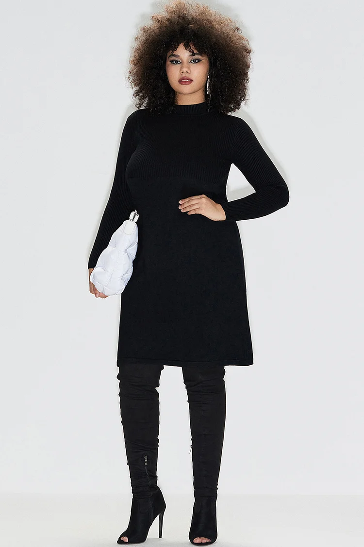 Plus Size Semi Formal Sweaters Casual Black Fall Winter Crew Neck Long Sleeve Knitted Sweaters Midi Dress [Pre-Order]