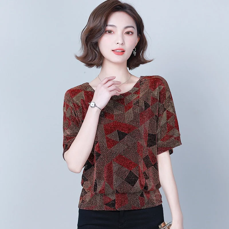 Red Shirt 2021 Summer New Women's T-Shirt Short Sleeve Sequin T-shirt Women's Top and Shirt Korean Office Lady Style Tops 14082