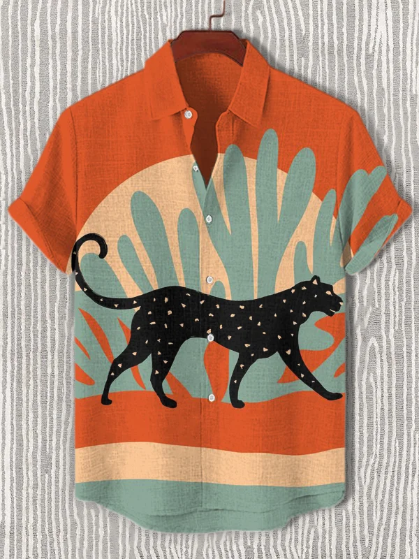 Men's Desert Botanical Leopard Art Print Short Sleeve Shirt