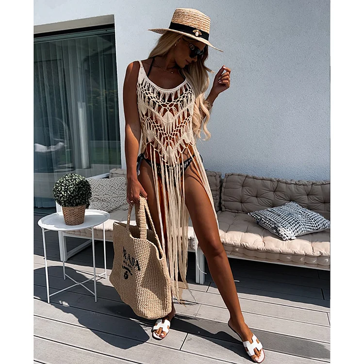 Hollow out Crochet Vacation Long Fringed Cover up