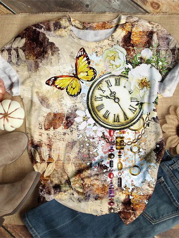 Vintage Butterfly Clock Print Short Sleeve Top