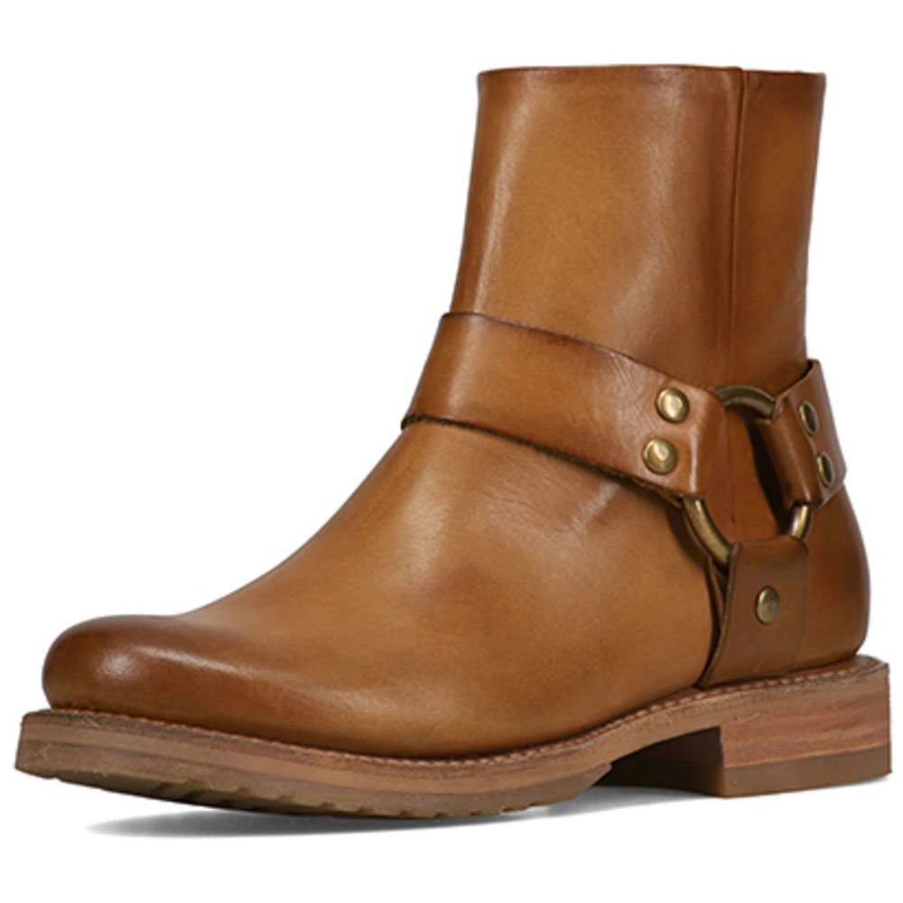 Brown Buckle Strap Round Toe Low Heel Zipper Ankle Boots for Women Nicepairs