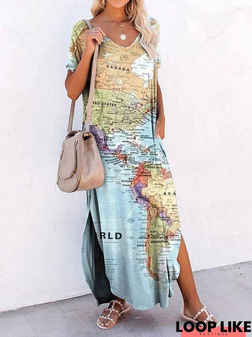 World Map Printing Casual Short Sleeve Maxi Dress