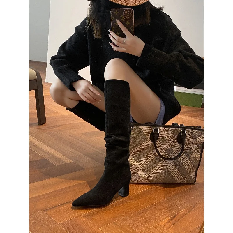 Breakj Breakj 2025 Autumn And Winter Plus Velvet But Knee Long Barrel Knight Boots Retro Velvet Head Thick And High And Folding Pile Pile Boots Girl