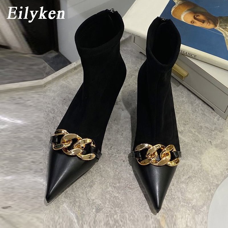 Eilyken Fashion Chain Decoration Women Ankle Boots Low Thin Heels Pointed Toe Pumps Shoes Zip Chelsea Short Bootties Black Brown