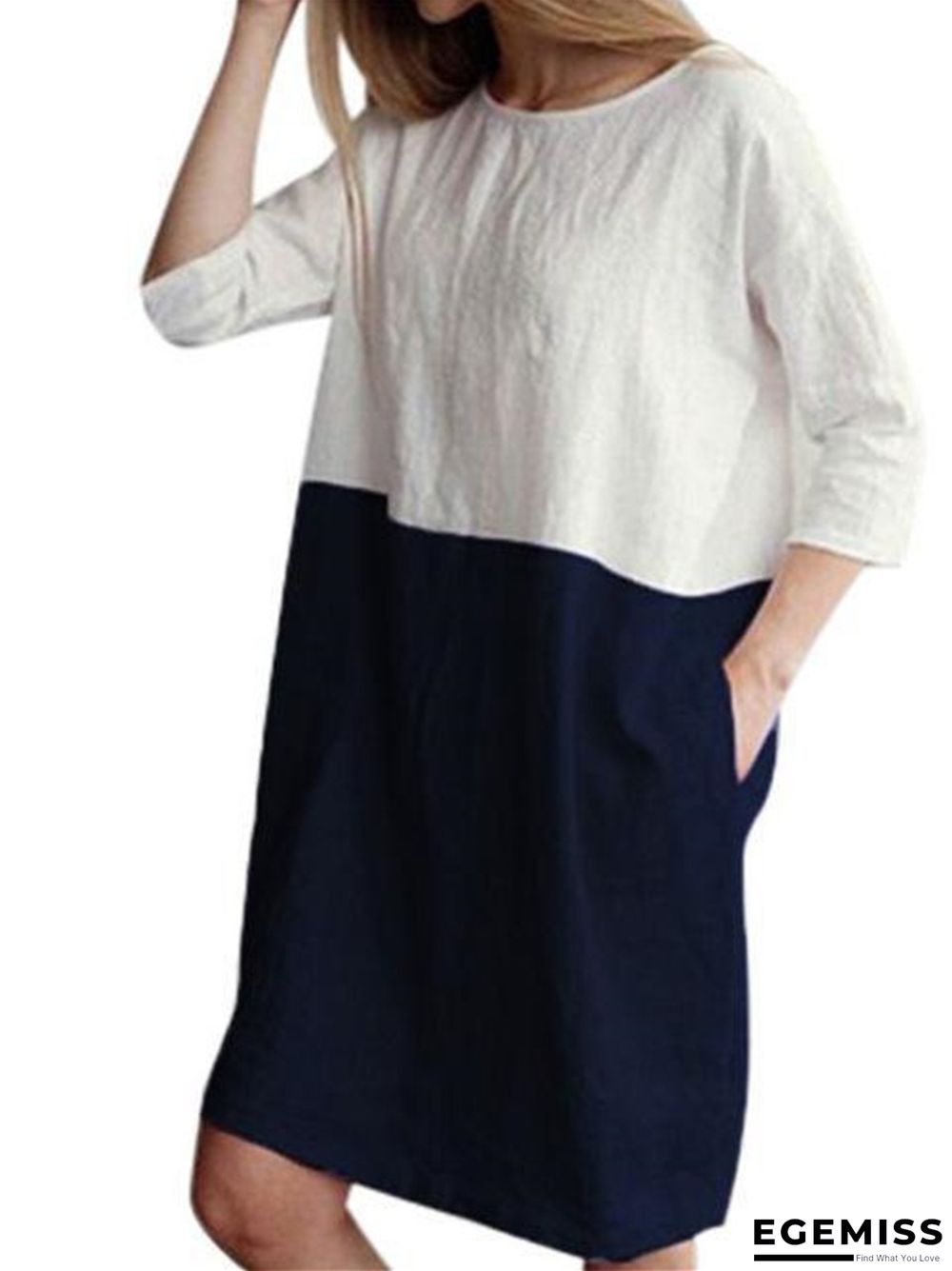 Loose Solid Color Cotton Linen Patchwork Dress Round Neck Seven Sleeve Skirt Waist | EGEMISS